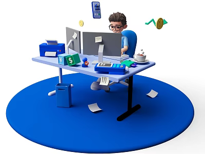 A Man Working at Office Desk with Computer Calculator Documents Coffee Cup Coins and Phone 3d model