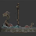 Cartoon Viking Ship With Red White Striped Sail Dragon Head Blue Waves Golden Braided Platform