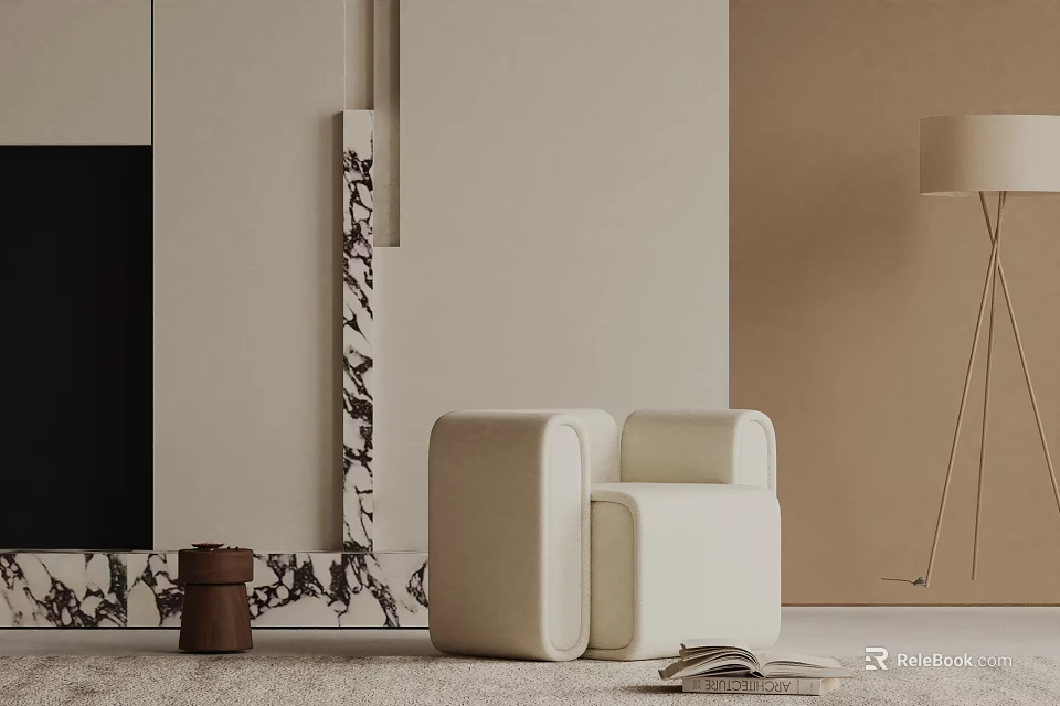 Modern White Accent Chair With Floor Lamp Side Table And Decorative Wall Panel 3d model