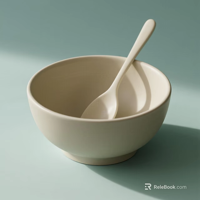 Minimalist Beige Tableware Set With Bowl And Spoon For Daily Dining Use 3d model 