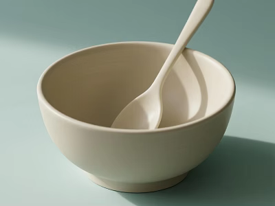 Minimalist Beige Tableware Set With Bowl And Spoon For Daily Dining Use 3d model