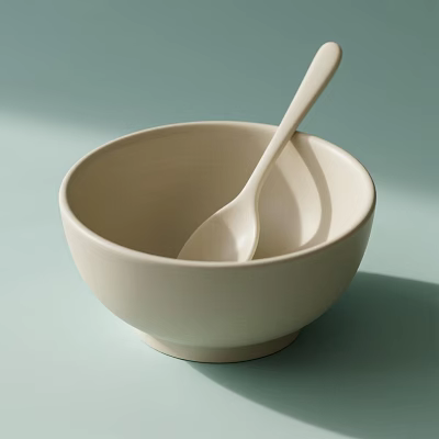 Minimalist Beige Tableware Set With Bowl And Spoon For Daily Dining Use 3d model