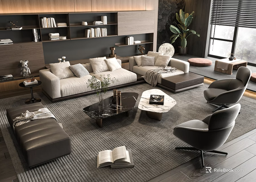 Modern Living Room Sofa and Coffee Table Set with Fabric Seating Marble Top Armchairs and Area Rug 3d model 
