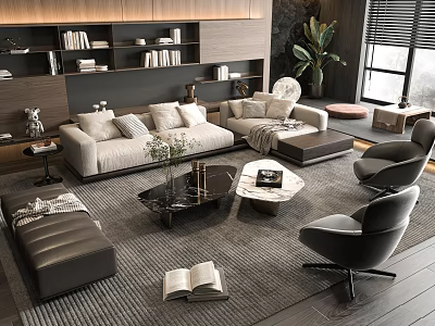 Modern Living Room Sofa and Coffee Table Set with Fabric Seating Marble Top Armchairs and Area Rug 3d model