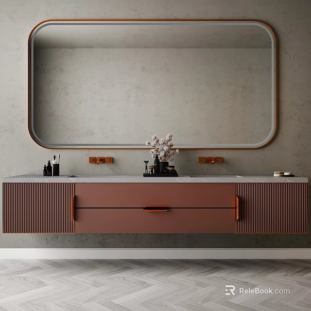 Wall Mounted Copper Bathroom Vanity With Marble Top Oval Wooden Frame Mirror And Concrete Wall 3d model 