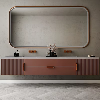 Wall Mounted Copper Bathroom Vanity With Marble Top Oval Wooden Frame Mirror And Concrete Wall 3d model