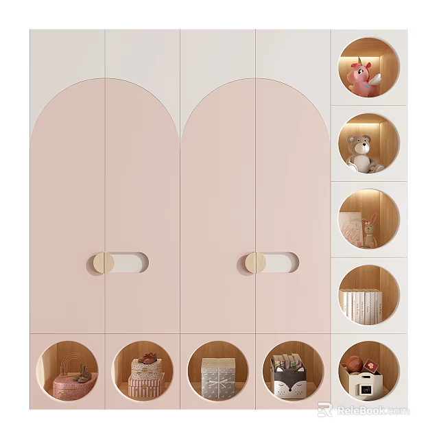 Pink Modern Wardrobe Design With Double Curved Doors And Interior Storage Compartments 3d model 