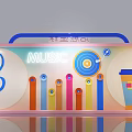 Shop Front Desk with Cute Planet Neon Lights Circular Glowing Music Notes and Birthday Celebration