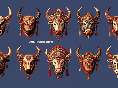 Traditional Animal Head Decorative Wall Art With 2D Patterns And Ornaments 3d model