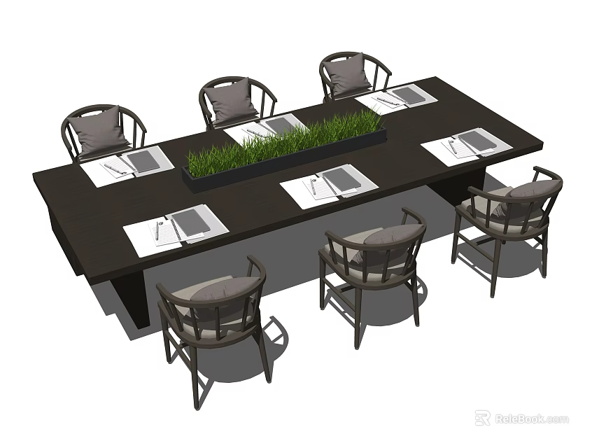 Long Dark Conference Table With Green Plant Centerpiece And White Table Mats And Surrounding Chairs 3d model 