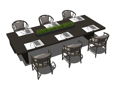 Long Dark Conference Table With Green Plant Centerpiece And White Table Mats And Surrounding Chairs 3d model