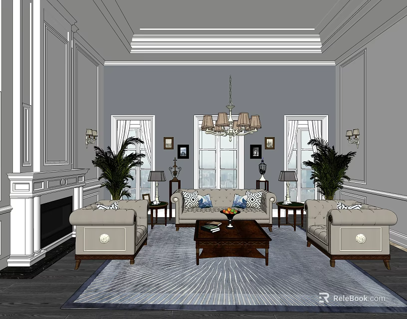 Elegant Living Room Sofa Coffee Table Set With Fireplace Chandelier Plants And Rug 3d model 