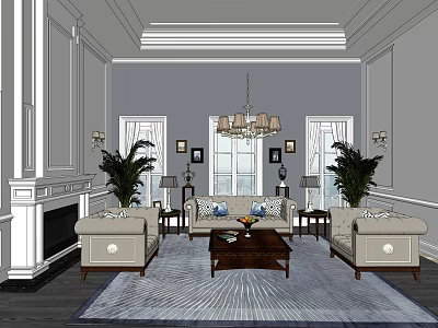 Elegant Living Room Sofa Coffee Table Set With Fireplace Chandelier Plants And Rug 3d model