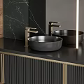 Modern Bathroom Vanity With Black Marble Walls Wooden Accents Double Washbasins And Ambient Lighting