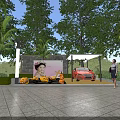 Outdoor Covered Parking Area With Palm Trees Red Car Large Screen Pumpkin Decorations And Woman