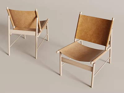 Two Brown Leather Leisure Chairs With Wooden Frame And Minimalist Design 3d model