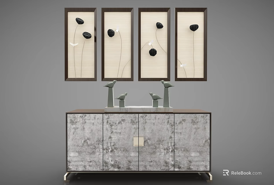 Modern Decorative Cabinet With Textured Surface And Bird Shaped Ornaments Above Four Minimalist Wall Paintings 3d model 