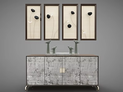Modern Decorative Cabinet With Textured Surface And Bird Shaped Ornaments Above Four Minimalist Wall Paintings 3d model