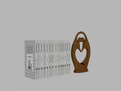 Stack of Books with Classic Design Alongside Wooden Penguin Decoration on Light Gray Background 3d model