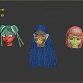 Game And Movie Character Head Designs With Brown Bun Black Braids And Blonde Short Hair