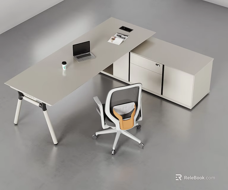 Modern L shaped Office Desk With Laptop Coffee Cup Notebook Pen And Ergonomic Chair 3d model 