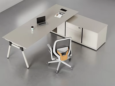 Modern L shaped Office Desk With Laptop Coffee Cup Notebook Pen And Ergonomic Chair 3d model
