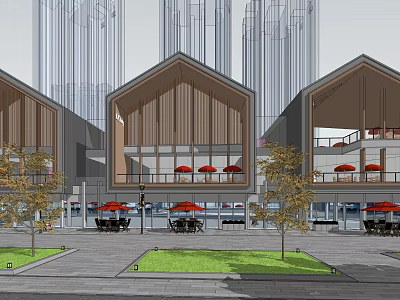 Modern Commercial Street With Wooden Architecture Outdoor Seating And Green Plants 3d model