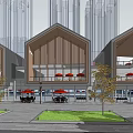 Modern Commercial Street With Wooden Architecture Outdoor Seating And Green Plants