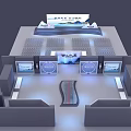 Modern Exhibition Booth Design With Top Display Screen Curved Counter And Side Screens