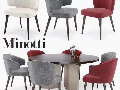 Minotti Dining Table and Chair Set with White Gray Red Upholstered Seats 3d model