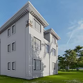 Modern Detached Villa Exterior With Green Lawn Palm Trees And Large Windows