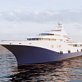 Luxury Yacht Sailing on Ocean with White Blue Hull Multiple Decks and Top Radar Equipment