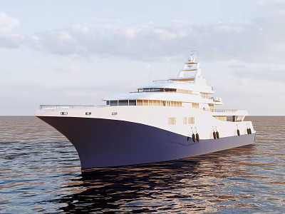 Luxury Yacht Sailing on Ocean with White Blue Hull Multiple Decks and Top Radar Equipment 3d model