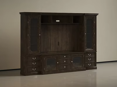 Dark Wood TV Stand With Glass Doors Drawers And Storage Cabinets 3d model