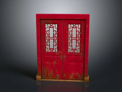 Red Traditional Wooden Double Door With Intricate Lattice Patterns And Worn Details 3d model
