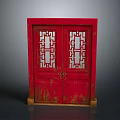 Red Traditional Wooden Double Door With Intricate Lattice Patterns And Worn Details
