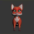 Cute Red Fox 3D Character With Green Eyes And White Belly On Black Surface