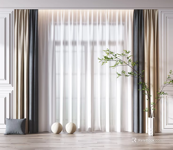 Layered Gray And Beige Curtains With White Sheer Panels Wooden Floor And Green Plant Decor 3d model 