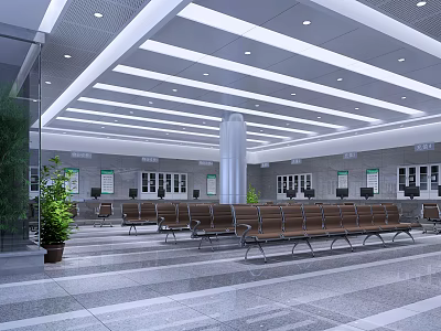 Modern Service Hall Interior With Waiting Seats Service Windows Bright Lighting And Green Plants 3d model
