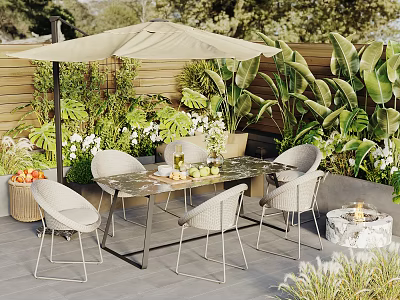 Outdoor Patio Rectangular Table with Four Chairs Umbrella Green Plants and Fire Pit 3d model