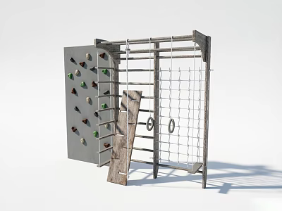Outdoor Playground Equipment with Metal Frame Climbing Wall Rope Net and Swing Ring 3d model