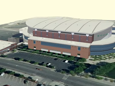 Modern Sports Stadium With White Roof Red Brick Exterior And Surrounding Parking Lot 3d model