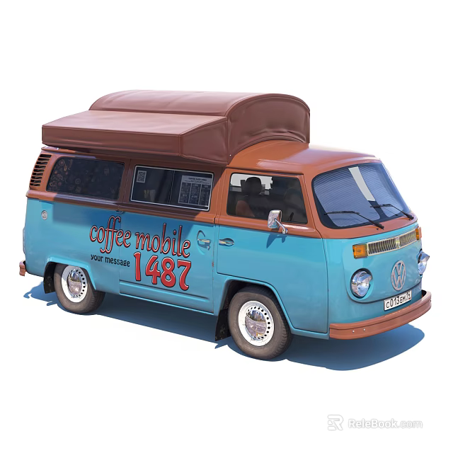 Vintage Blue And Brown Coffee Mobile Van With Retro Design And 1487 Sign 3d model 