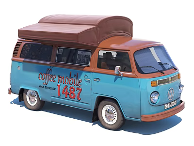 Vintage Blue And Brown Coffee Mobile Van With Retro Design And 1487 Sign 3d model