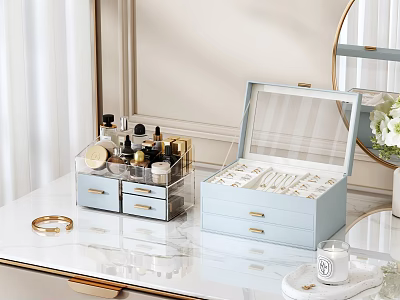 Light Blue Jewelry Box With Transparent Lid And Drawers For Gold Jewelry On Marble Countertop 3d model