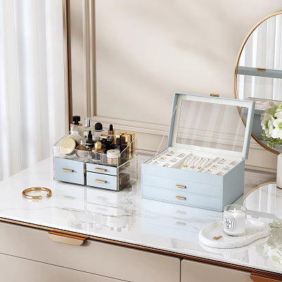 Light Blue Jewelry Box With Transparent Lid And Drawers For Gold Jewelry On Marble Countertop 3d model