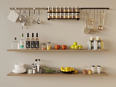 Kitchen Utensils Rack With Hanging Spoons Ladles On Wall Shelves And Spice Jars Bowls Fruits 3d model