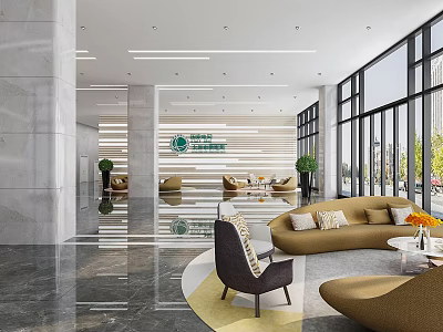 Modern Lobby Front Desk Area With Sofas Green Plants And Large Glass Windows 3d model