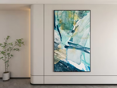 Modern Interior With Abstract Painting And Potted Plant On White Wall 3d model