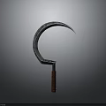 Silver Crescent Weapon With Blue Decorative Inlays And Brown Textured Handle